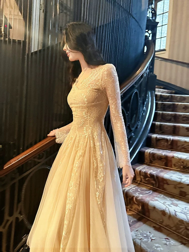 Modest A line V Neckline Lace Ankle Length Evening Dress Prom Dresses
