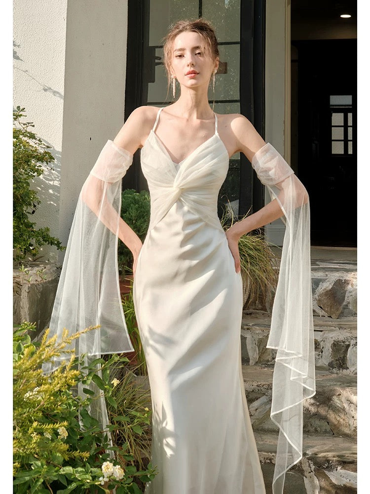 Pretty Mermaid Spaghetti Straps White Ankle Length Evening Dress Prom Dresses