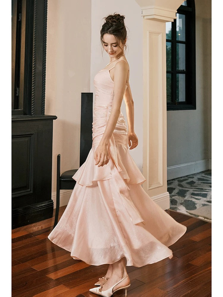 Retro Mermaid Spaghetti Straps Long Length Blush Pink Evening Dress Prom Dresses