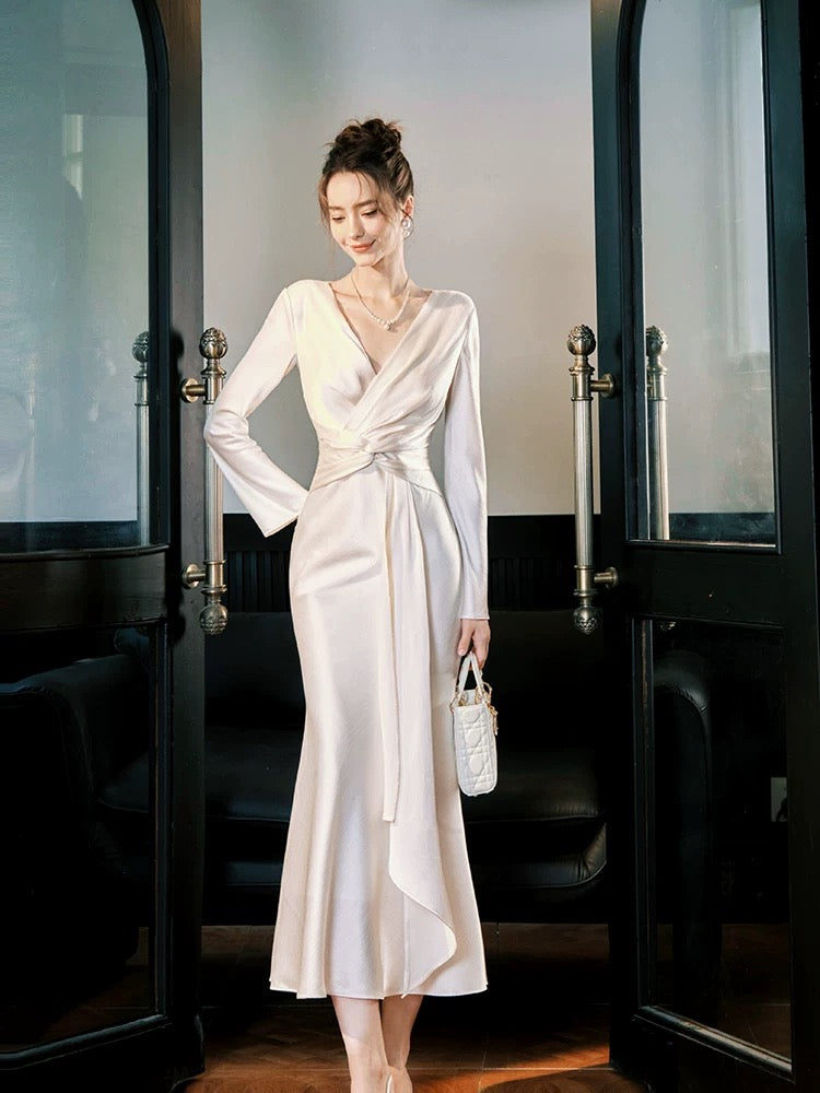 Modest Mermaid V Neckline Satin Ankle Length Evening Dress Prom Dresses