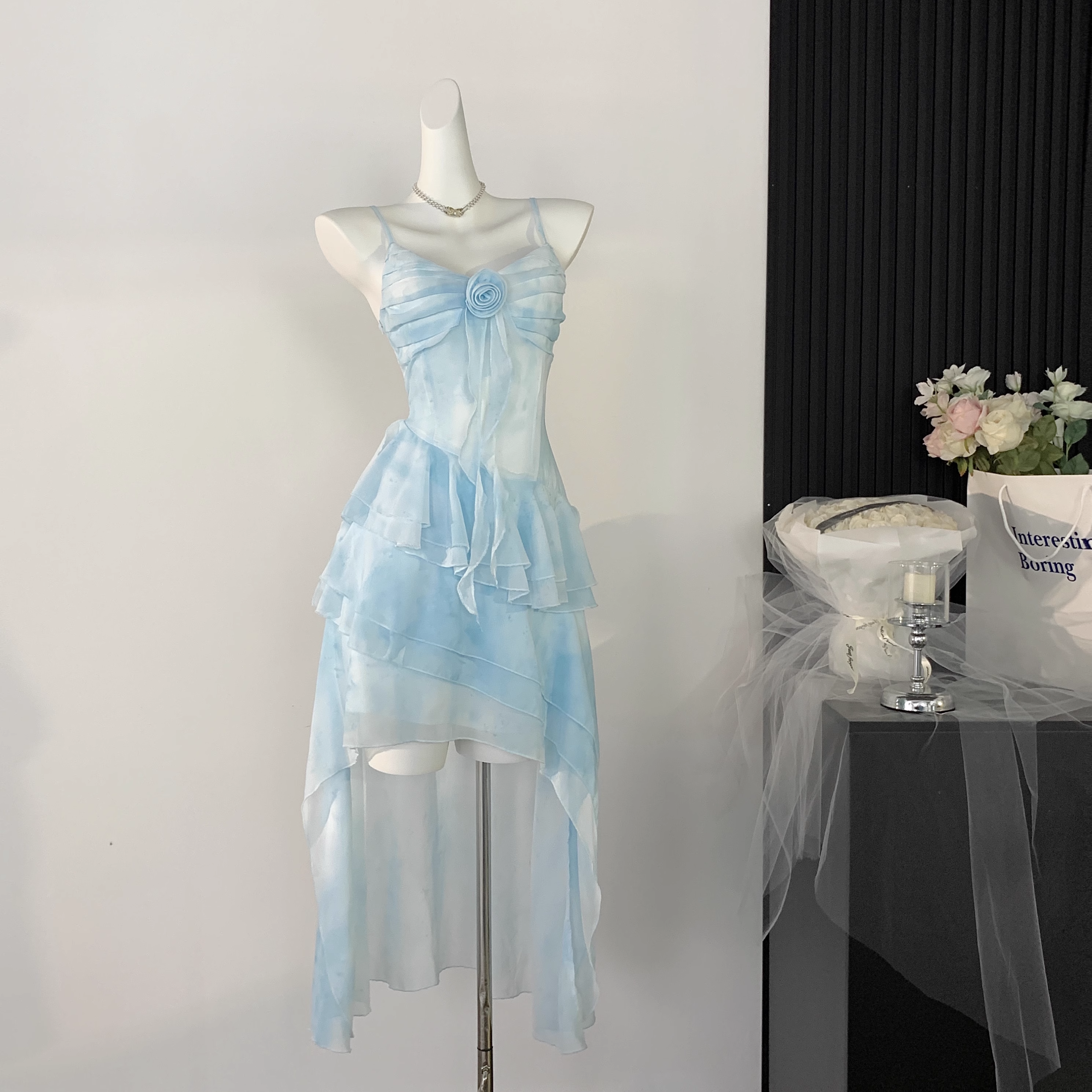 Sexy High Low Spaghetti Straps Ice Blue Ombre Dress Beach Holiday Dresses