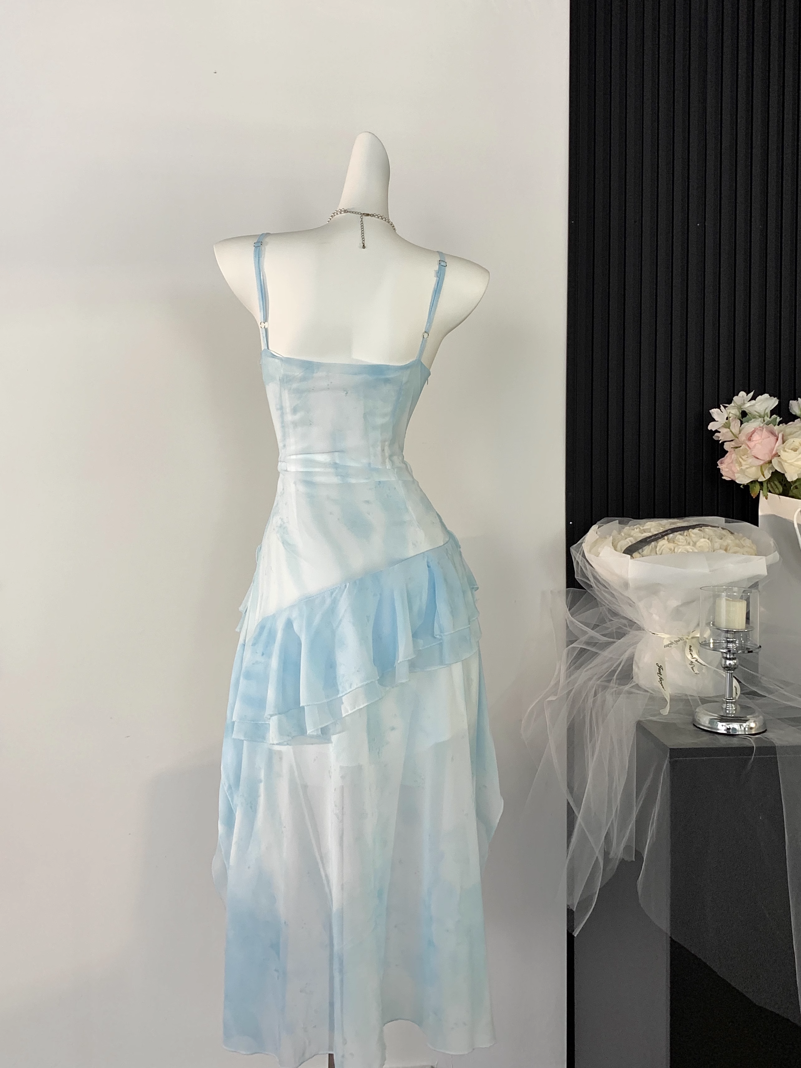 Sexy High Low Spaghetti Straps Ice Blue Ombre Dress Beach Holiday Dresses