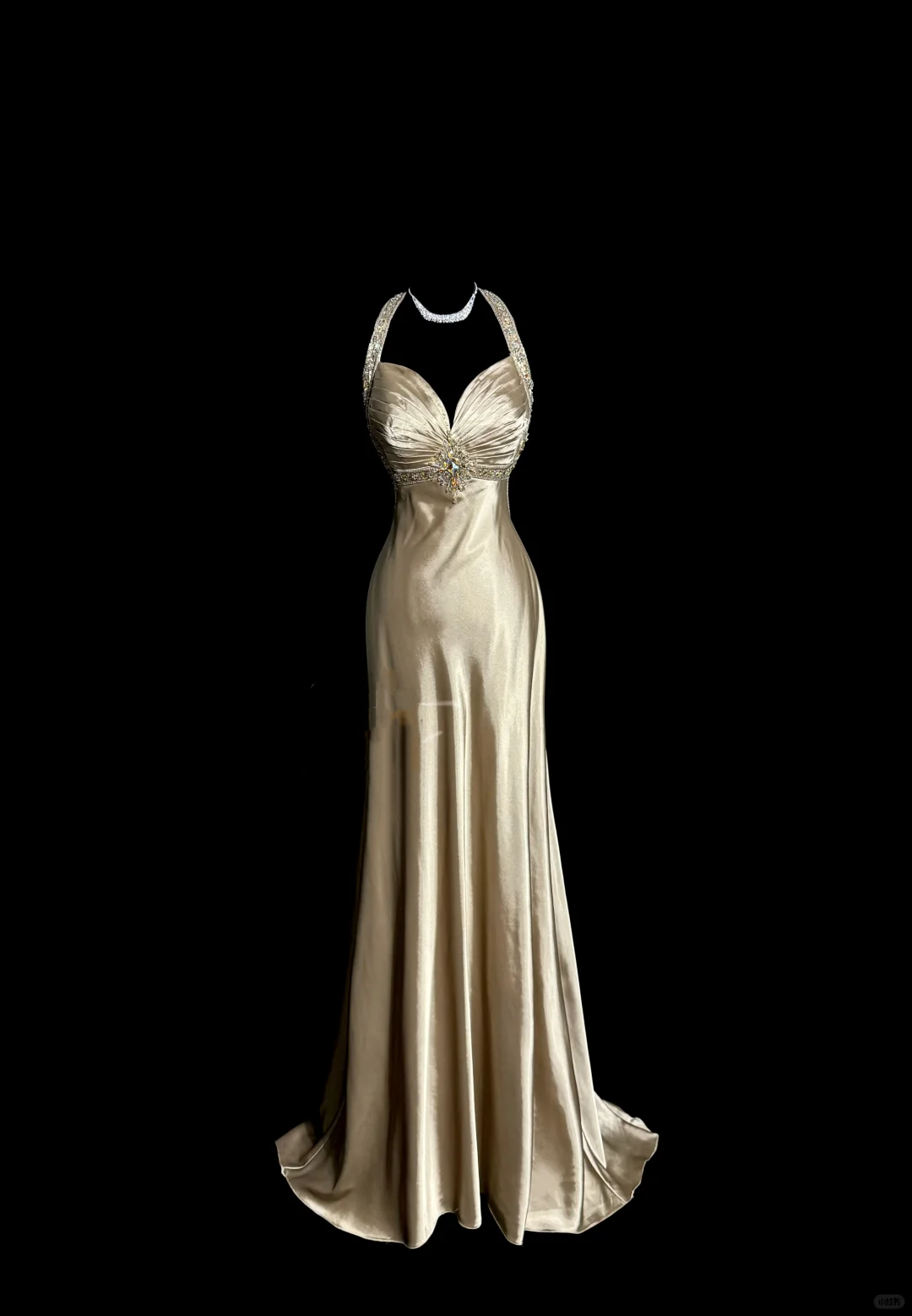 Aesthetic A line Halter Neckline Champagne Satin Prom Dress Ruffle Long Party Dress