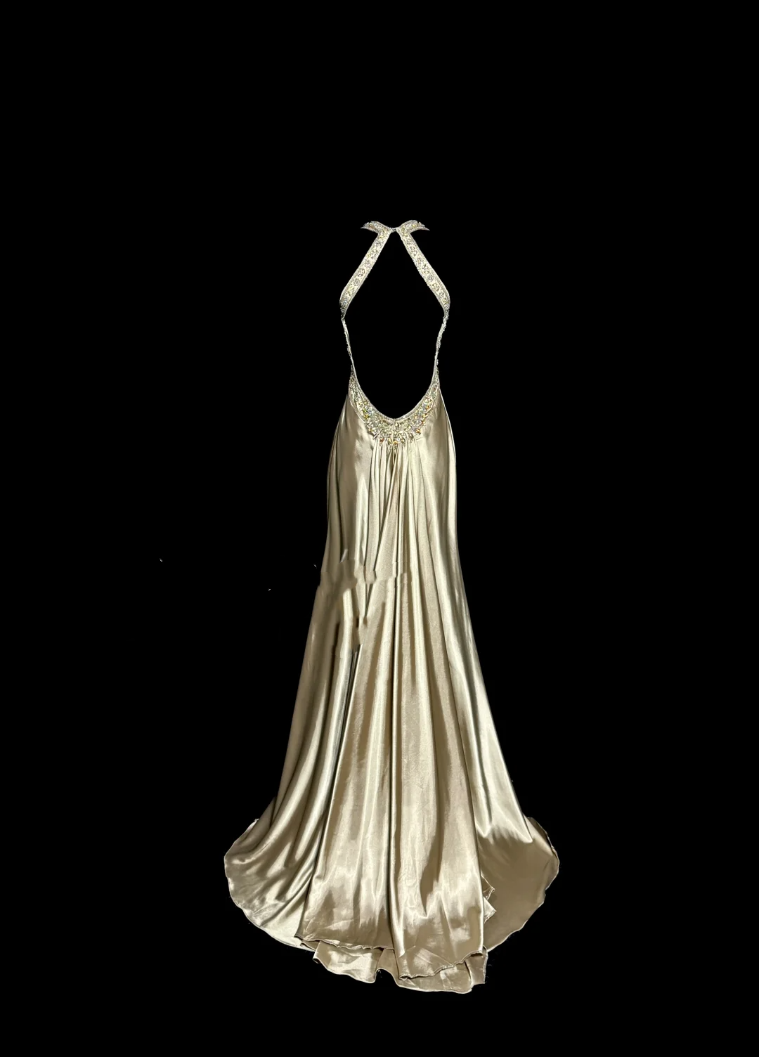 Aesthetic A line Halter Neckline Champagne Satin Prom Dress Ruffle Long Party Dress