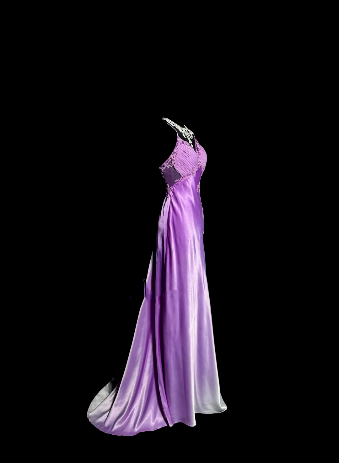 Aesthetic A line Halter Neckline Lilac Satin Prom Dress Ruffle Long Party Dress