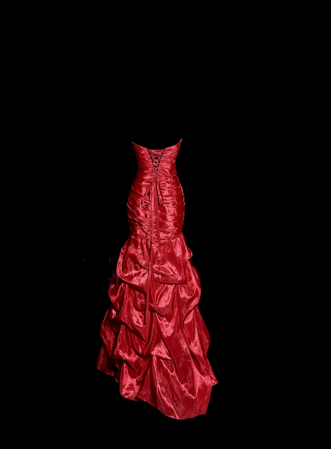 Aesthetic Mermaid Strapless Neckline Red Taffeta Prom Dress Ruffle Long Party Dress