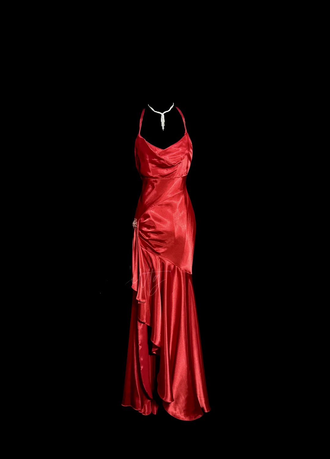 Vintage High Low Halter Satin Red Prom Gown Fairy Long Prom Dresses