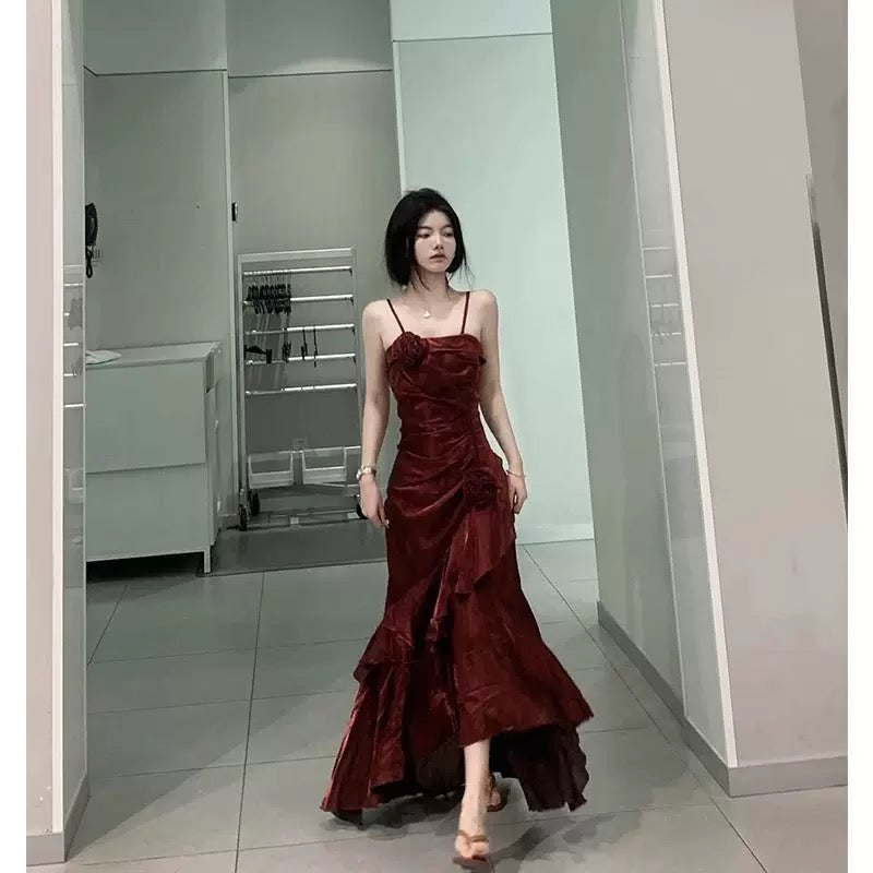 Vintage Mermaid Spaghetti Straps Burgundy Long Party Dresses Birthday Outfits