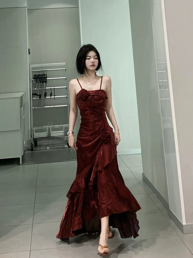 Vintage Mermaid Spaghetti Straps Burgundy Long Party Dresses Birthday Outfits