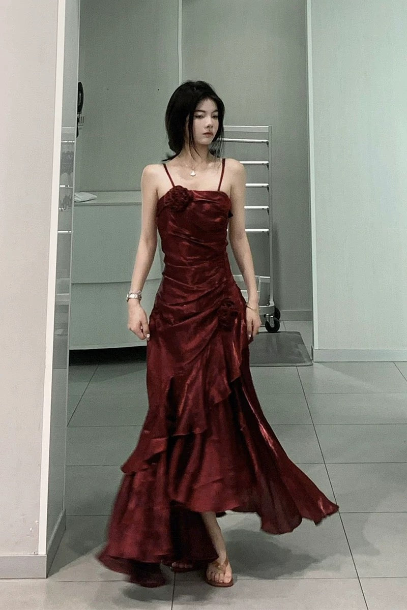 Vintage Mermaid Spaghetti Straps Burgundy Long Party Dresses Birthday Outfits