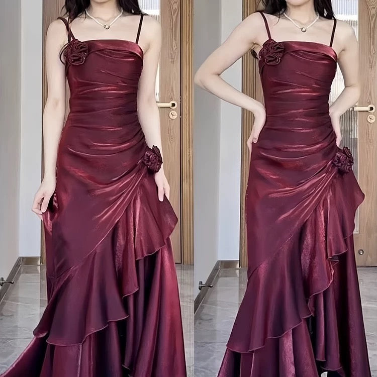 Vintage Mermaid Spaghetti Straps Burgundy Long Party Dresses Birthday Outfits
