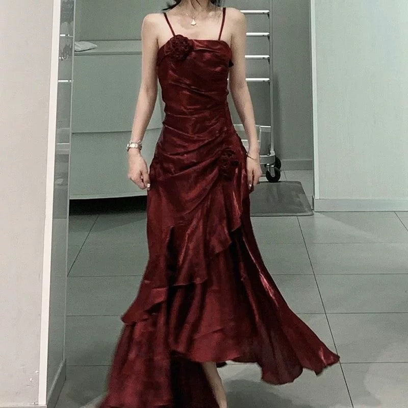 Vintage Mermaid Spaghetti Straps Burgundy Long Party Dresses Birthday Outfits