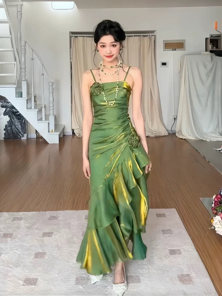 Vintage Mermaid Spaghetti Straps Green Long Party Dresses Birthday Outfits
