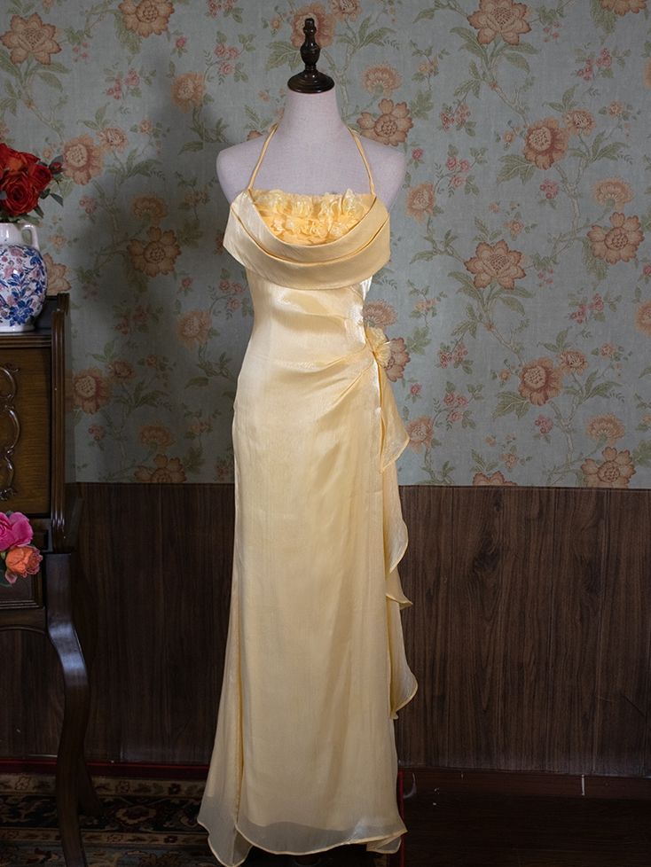 Vintage Yellow Halter Neck Floral Prom Gown Fairy Princess Prom Dress