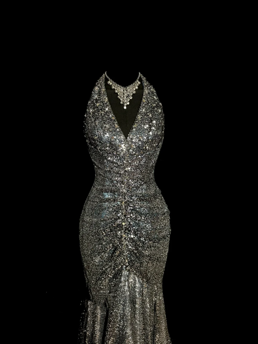 Vintage Mermaid V Neckline Gray Sequin Long Prom Gown Fairy Prom Dresses