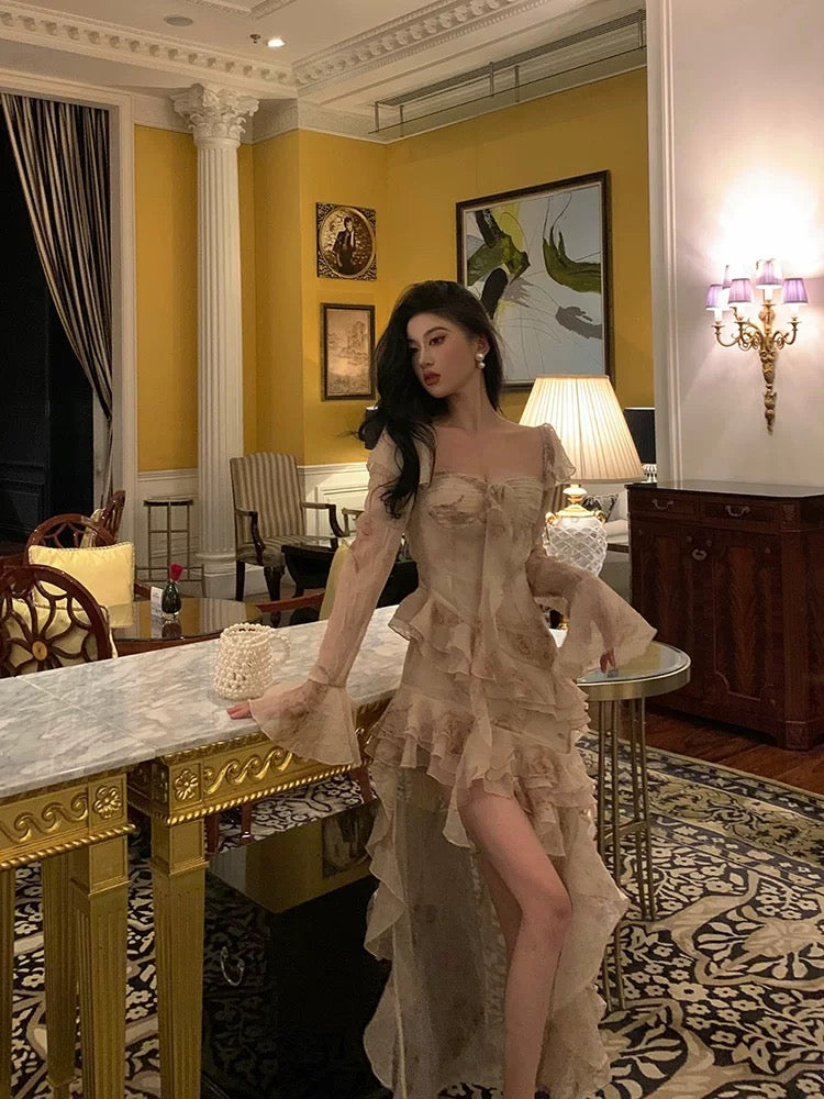 Chic High Low Sweetheart Long Sleeves Floral Ruffles Chiffon Prom Dresses Birthday Outfits