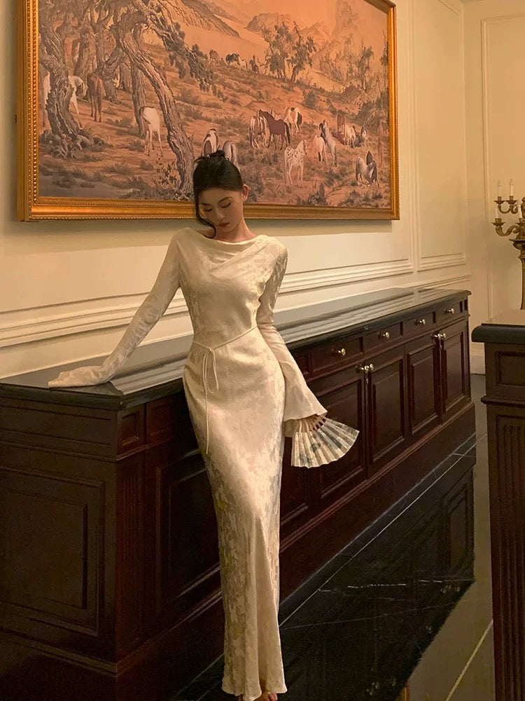 Chic Sheath Scoop Long Sleeves Floral Ivory Silk Satin Long Prom Dresses Birthday Outfits