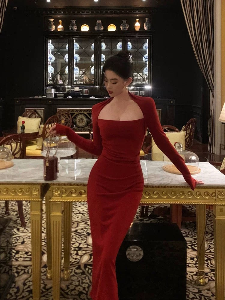 Chic Sheath Long Sleeves Red Prom Dresses Sexy Birthday Outfits