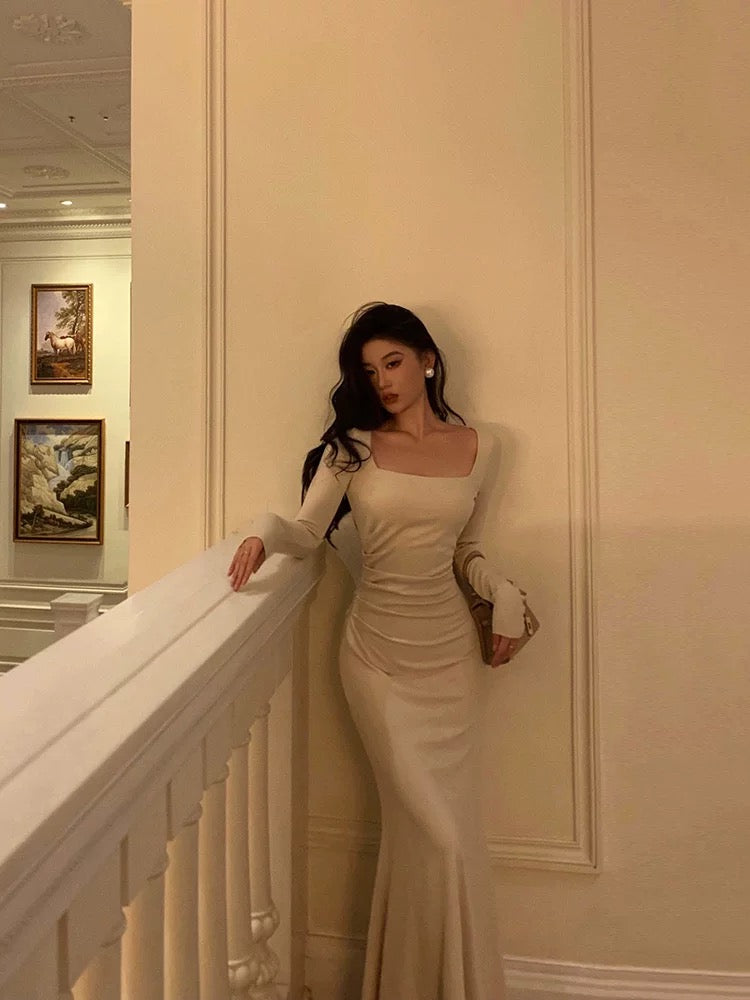 Chic Mermaid Square Neckline Long Sleeves Long Prom Dresses Birthday Dress