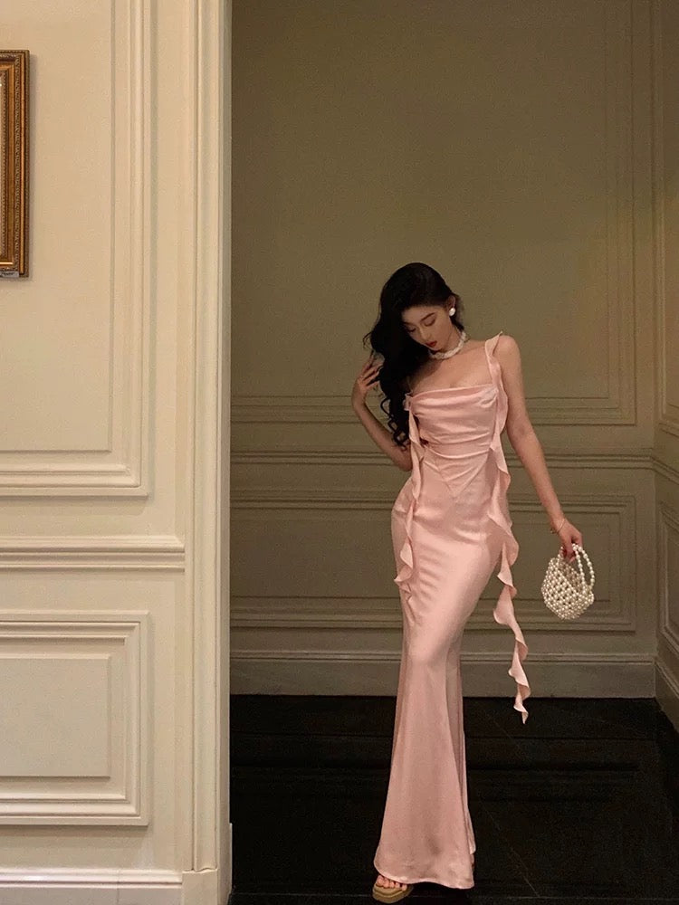Sexy Mermaid Straps Neckline Backless Silk Satin Pink Slit Prom Dresses Birthday Outfits