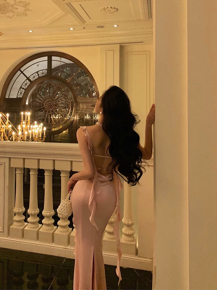 Sexy Mermaid Straps Neckline Backless Silk Satin Pink Slit Prom Dresses Birthday Outfits