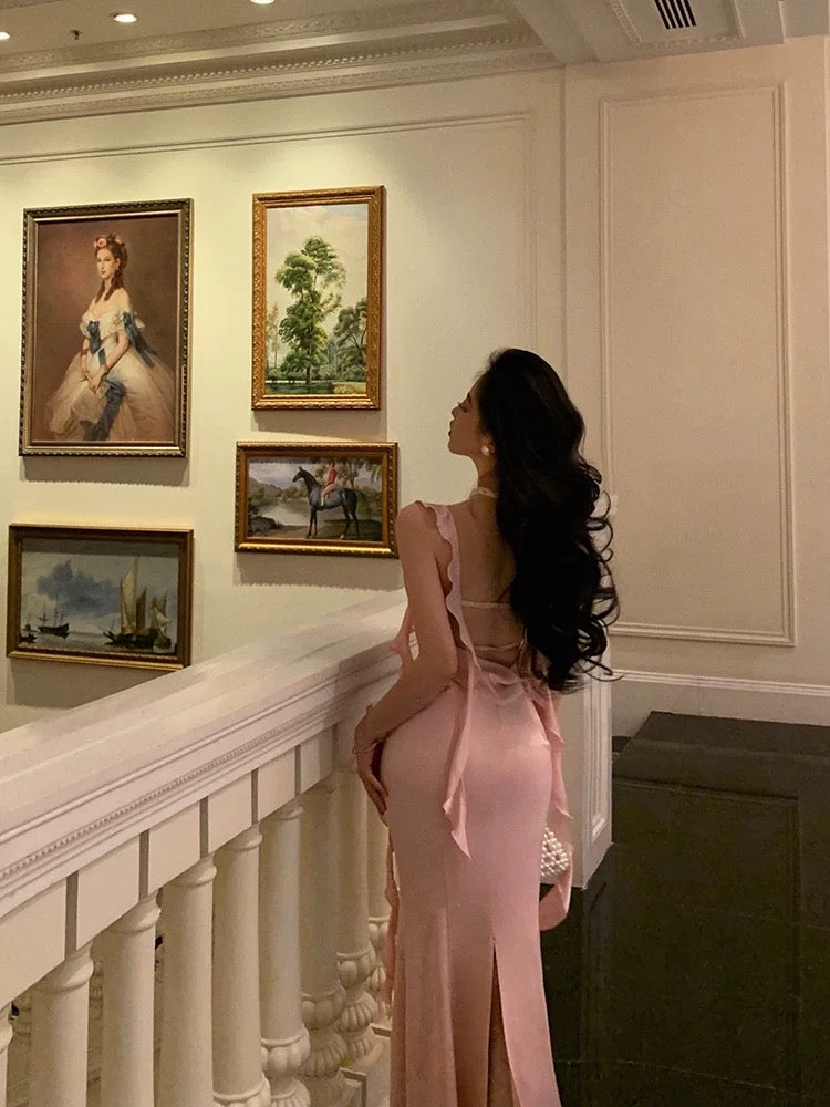 Sexy Mermaid Straps Neckline Backless Silk Satin Pink Slit Prom Dresses Birthday Outfits
