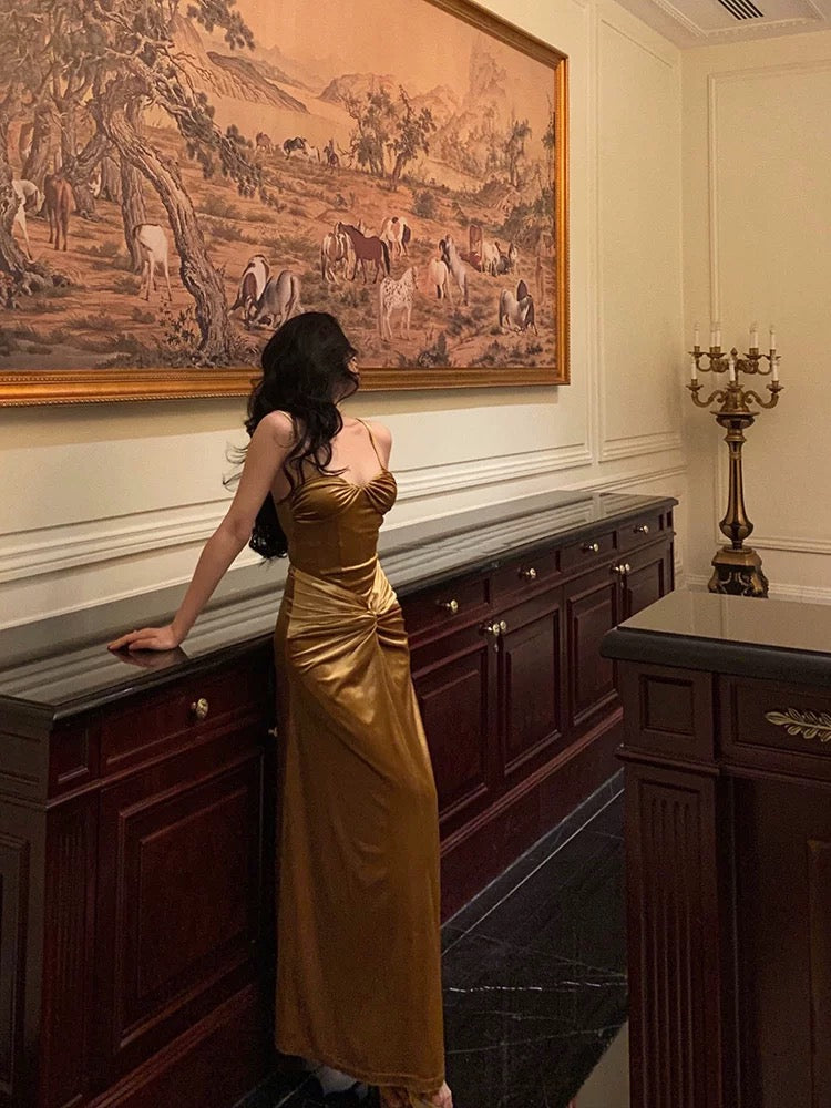 Sexy Mermaid Spaghetti Straps Gold Velvet Long Prom Dresses Birthday Outfits