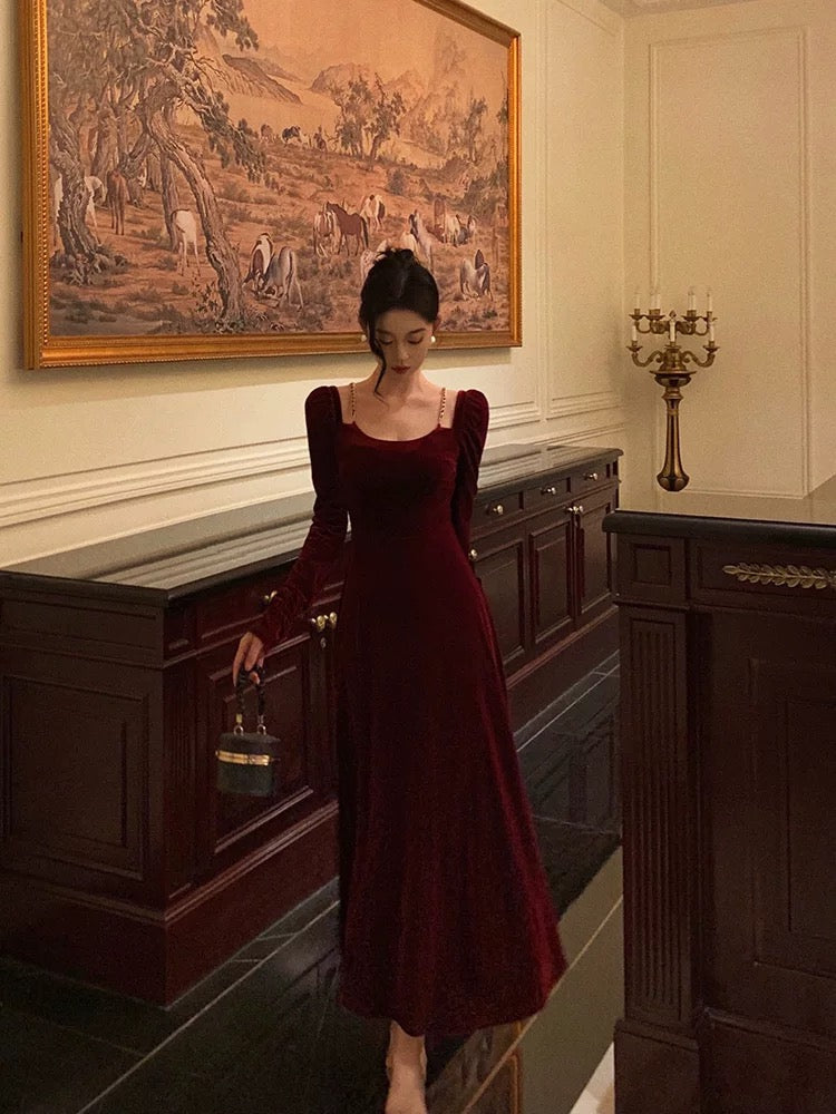 Sexy A Line Straps Burgundy Velvet Long Sleeves Prom Dresses Birthday Outfits