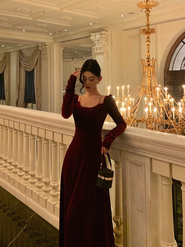 Sexy A Line Straps Burgundy Velvet Long Sleeves Prom Dresses Birthday Outfits
