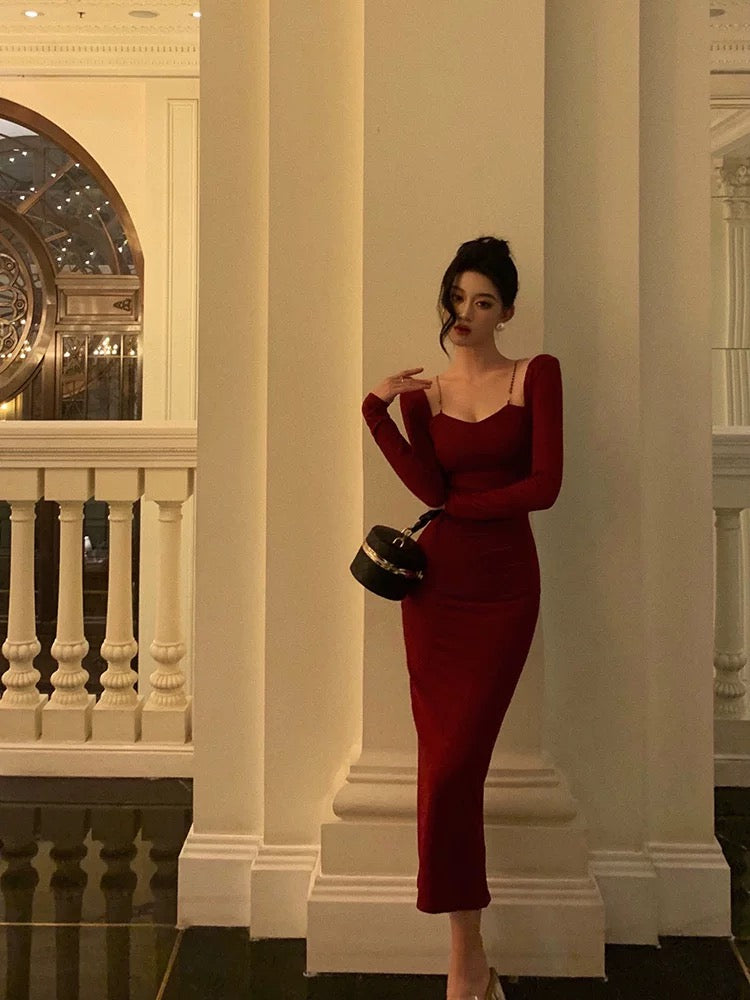 Sexy Sheath Straps Burgundy Long Sleeves Prom Dresses Birthday Outfits
