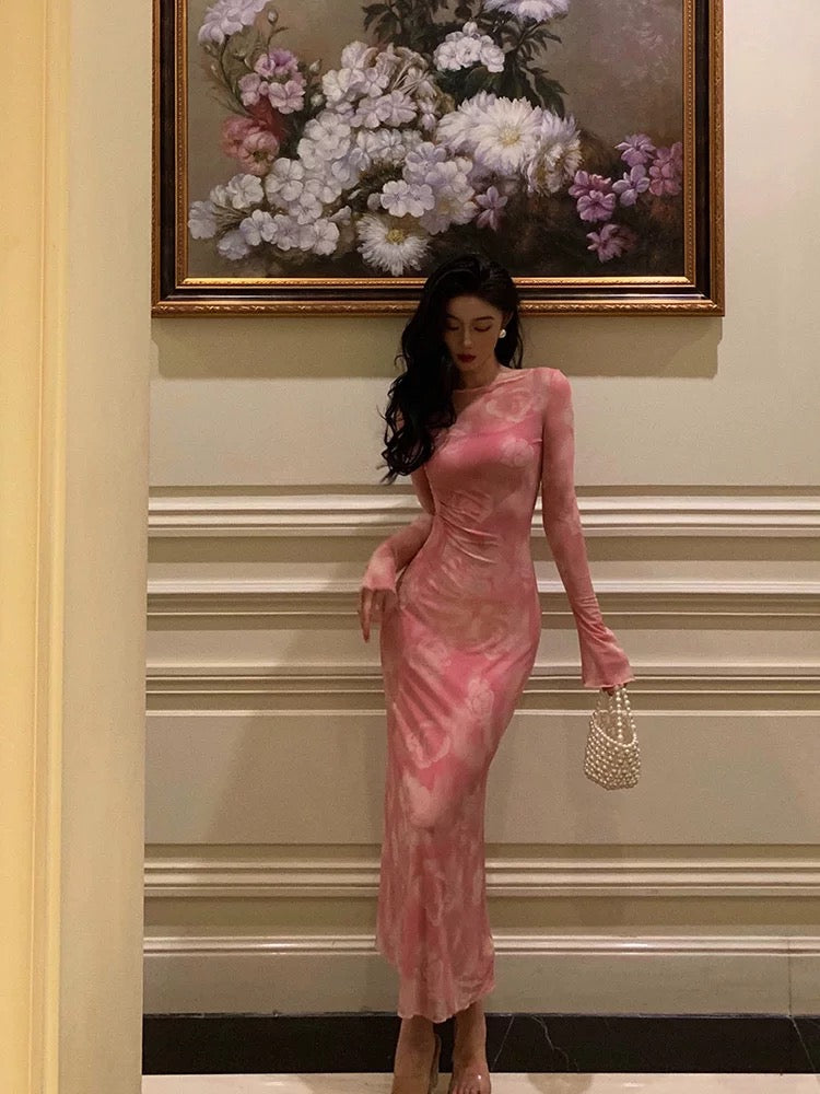 Sexy Sheath Pink Floral 2 Pieces Long Sleeves Prom Dresses Birthday Outfits
