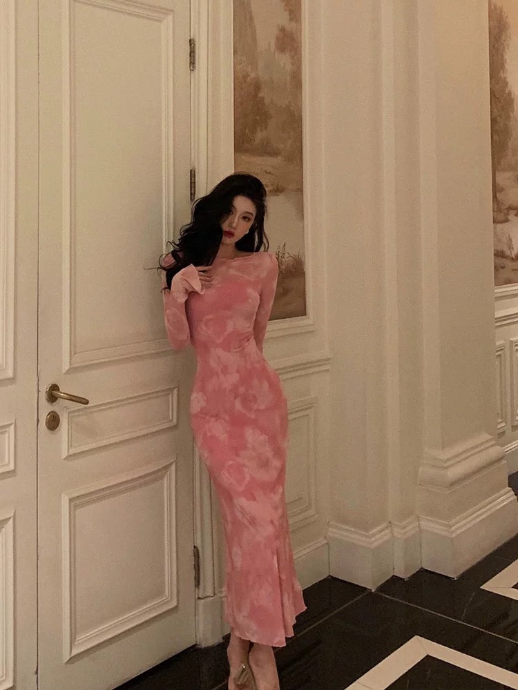 Sexy Sheath Pink Floral 2 Pieces Long Sleeves Prom Dresses Birthday Outfits