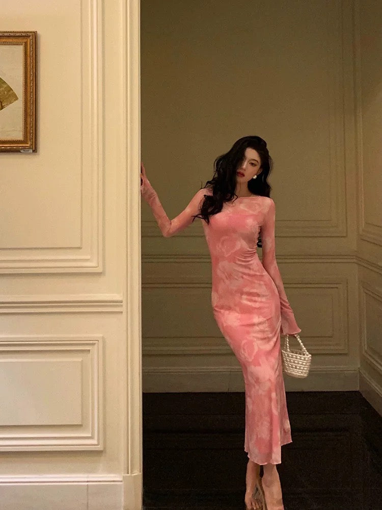Sexy Sheath Pink Floral 2 Pieces Long Sleeves Prom Dresses Birthday Outfits