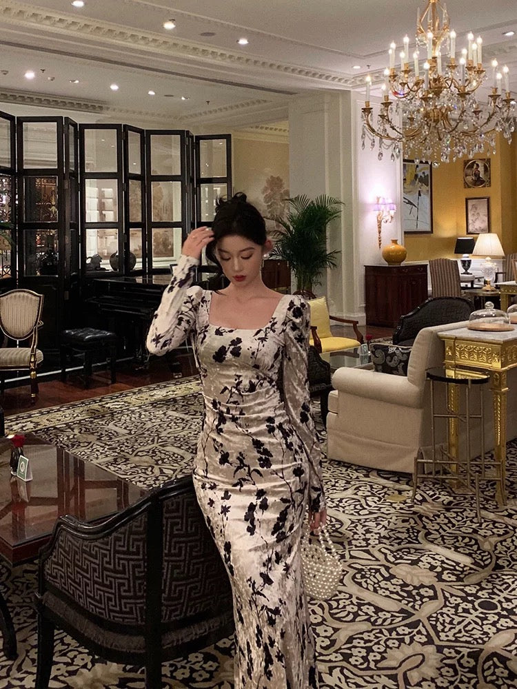 Sexy Sheath Black Floral Velvet Long Sleeves Prom Dresses Birthday Outfits