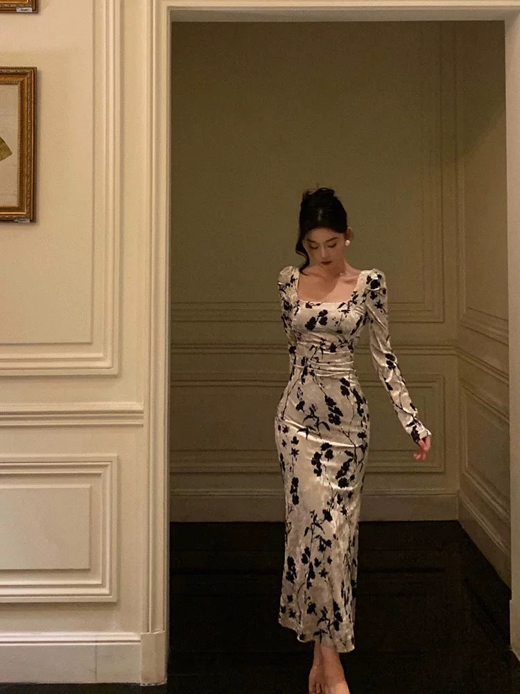 Sexy Sheath Black Floral Velvet Long Sleeves Prom Dresses Birthday Outfits