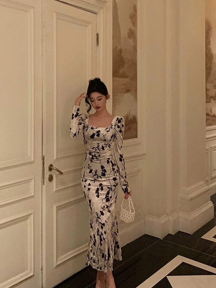Sexy Sheath Black Floral Velvet Long Sleeves Prom Dresses Birthday Outfits