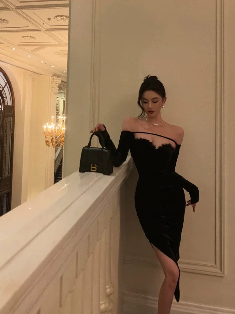 Sexy Sheath Off The Shoulder Black Velvet Slit Mid Length Prom Dresses Birthday Outfits