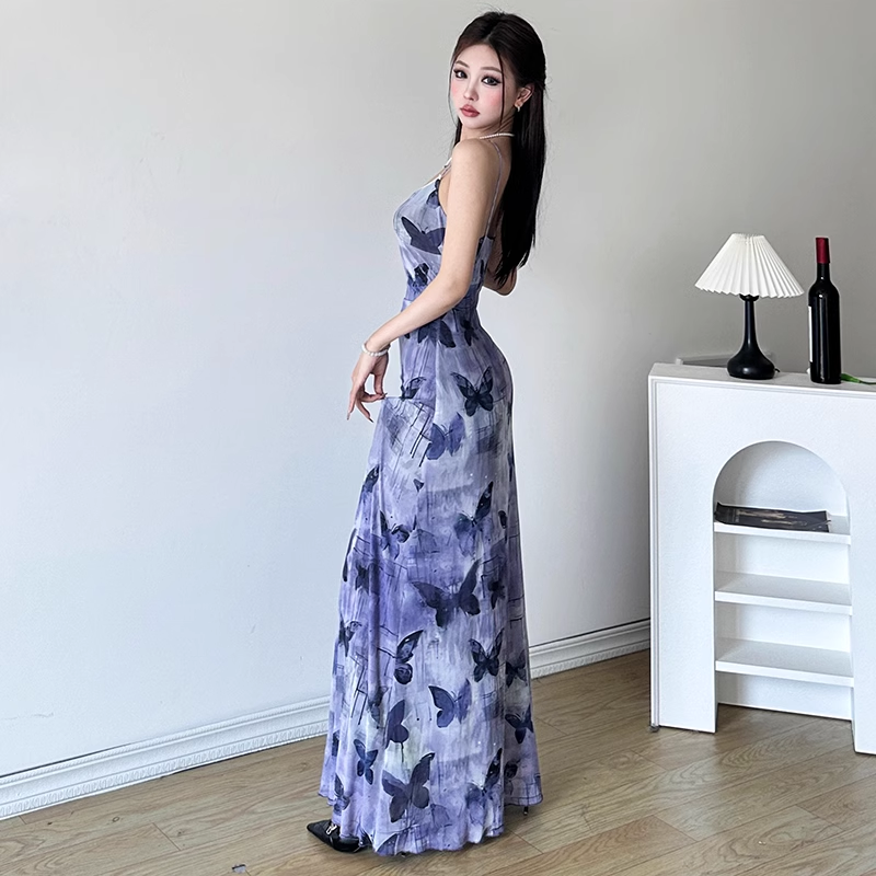 Sexy Sheath Spaghetti Straps Purple Butterfly Print Lace Casual Dress Beach Holiday Dresses