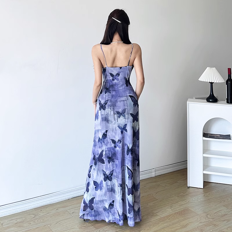 Sexy Sheath Spaghetti Straps Purple Butterfly Print Lace Casual Dress Beach Holiday Dresses