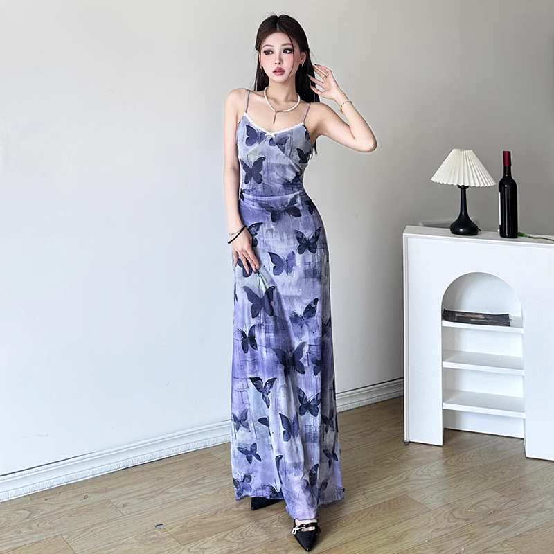 Sexy Sheath Spaghetti Straps Purple Butterfly Print Lace Casual Dress Beach Holiday Dresses