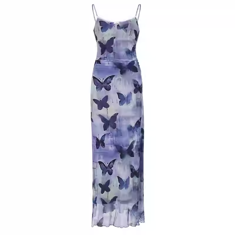 Sexy Sheath Spaghetti Straps Purple Butterfly Print Lace Casual Dress Beach Holiday Dresses