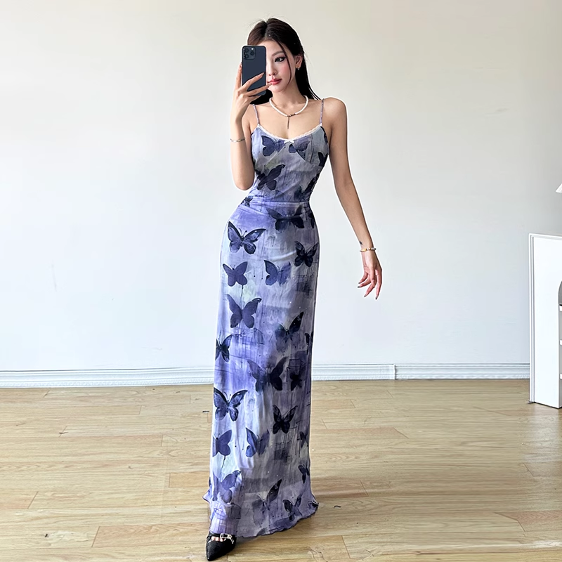 Sexy Sheath Spaghetti Straps Purple Butterfly Print Lace Casual Dress Beach Holiday Dresses
