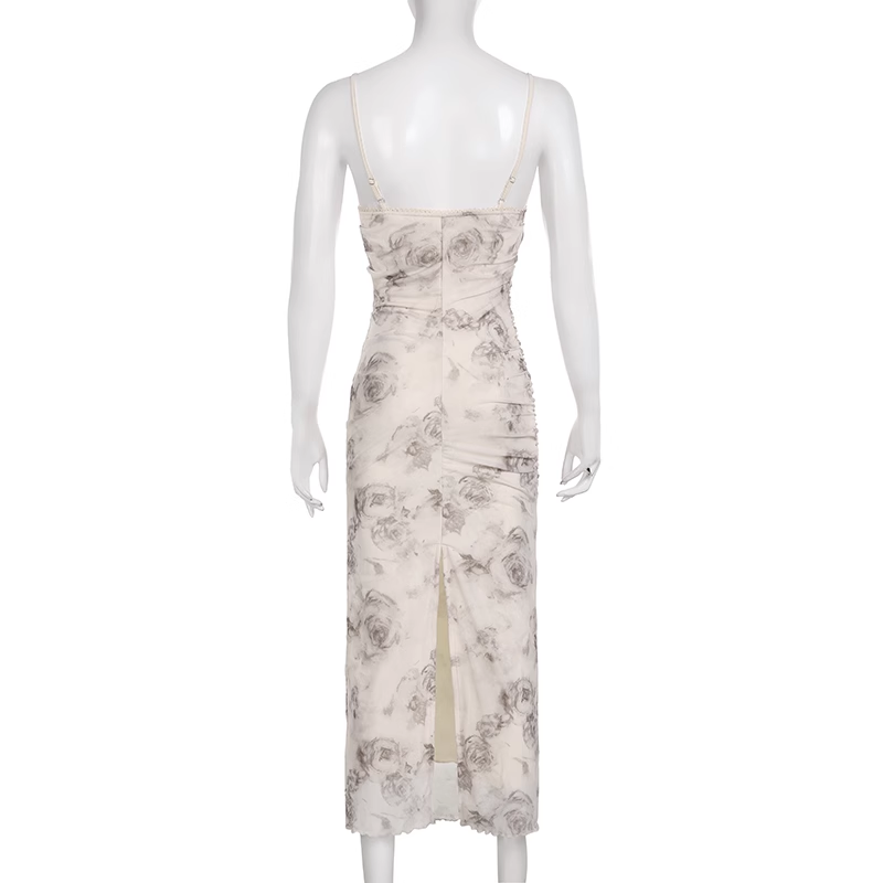 Sexy Sheath Spaghetti Straps Champagne Butterfly Print Lace Casual Dress Beach Holiday Dresses