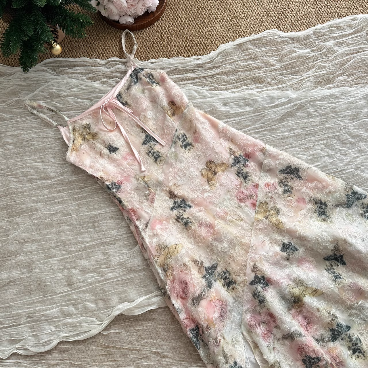 Cute A line Spaghetti Straps Pink Floral Dress Long Holiday Dresses