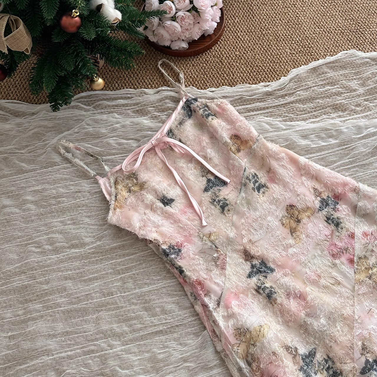 Cute A line Spaghetti Straps Pink Floral Dress Long Holiday Dresses