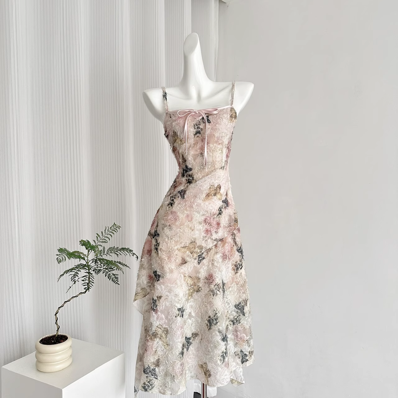 Cute A line Spaghetti Straps Pink Floral Dress Long Holiday Dresses