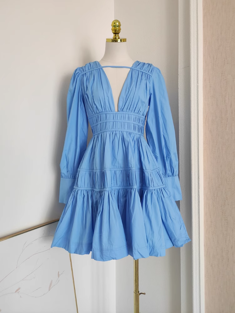 Cute A line V Neckline Long Sleeves Spring Blue Casual Dress Beach Holiday Dresses