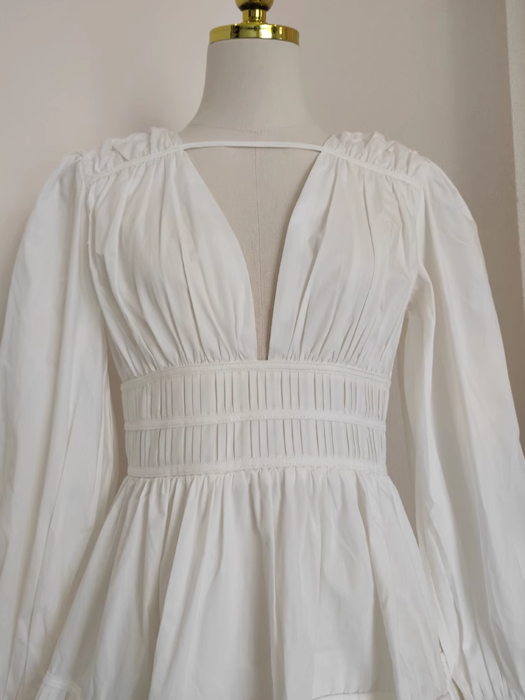 Cute A line V Neckline Long Sleeves Spring White Casual Dress Beach Holiday Dresses