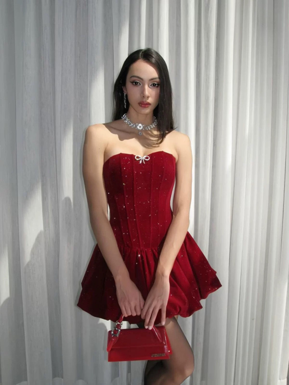 Sexy A Line Strapless Burgundy Velvet Ruffles Vacation Dresses Short Birthday Outfits