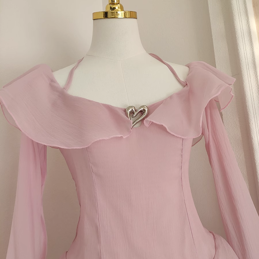 Sexy A Line Halter Ruffles Pink Vacation Dresses Short Chiffon Birthday Outfits